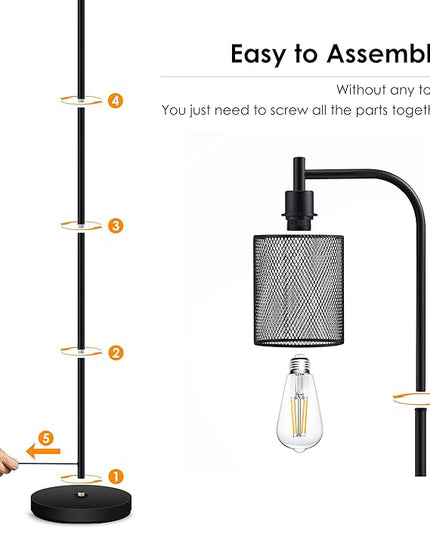 BoostArea Industrial Floor Lamp, Standing Lamp with Hanging Iron Mesh Lamp Shade, 6W LED Bulb, Whole Metal Farmhouse Floor Lamp with Foot Switch, Rustic Floor Lamps for Living Room Bedroom, Black - LeafyLoom