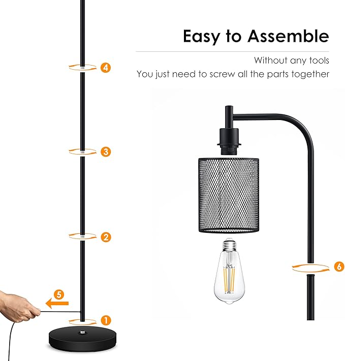 BoostArea Industrial Floor Lamp, Standing Lamp with Hanging Iron Mesh Lamp Shade, 6W LED Bulb, Whole Metal Farmhouse Floor Lamp with Foot Switch, Rustic Floor Lamps for Living Room Bedroom, Black - LeafyLoom