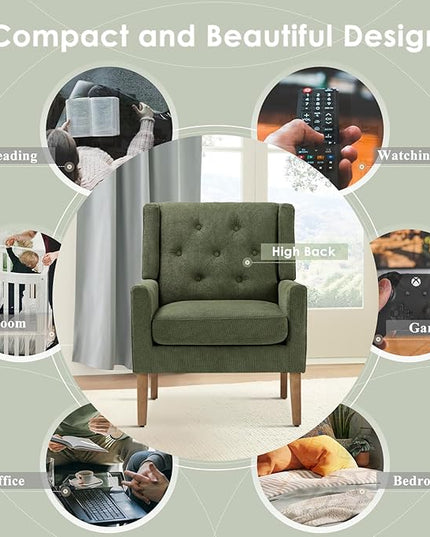 COLAMY Mid-Century Accent Chairs, Modern Wingback Living Room Chair, Upholstered Armchair with Button Tufted Back and Wood Legs for Bedroom/Office/Reading Spaces, Green - LeafyLoom