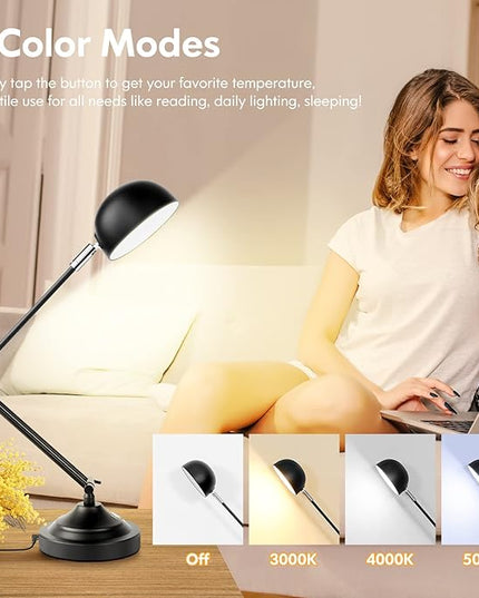 Touch Control LED Desk Lamp with USB Charging Port, Architect Black Metal Lamp with Adjustable Swing Arm, Dimmable Modern Table Lamp for Home Office Reading Study, 3000K/4000K/5000K 3 Color Modes - LeafyLoom