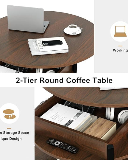 FABATO Round Lift Top Coffee Table for Living Room, 35.43'' Round Coffee Table with Storage and Hidden Compartment, 2 Tier Large Farmhouse Coffee Table Round Dining Table, Espresso - LeafyLoom
