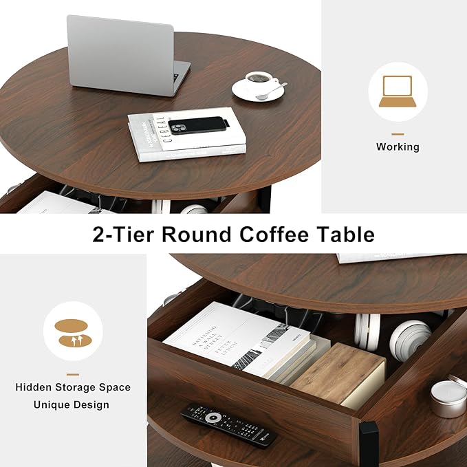 FABATO Round Lift Top Coffee Table for Living Room, 35.43'' Round Coffee Table with Storage and Hidden Compartment, 2 Tier Large Farmhouse Coffee Table Round Dining Table, Espresso - LeafyLoom