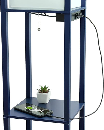 Simple Designs LF1037-NAV-LB Three Shelf Etagere Organizer Storage Floor Lamp with 2 Dual USB Ports and Charging Outlet, Navy Blue, with Feit LED Bulb Included - LeafyLoom