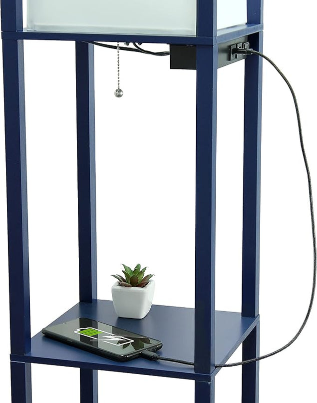 Simple Designs LF1037-NAV-LB Three Shelf Etagere Organizer Storage Floor Lamp with 2 Dual USB Ports and Charging Outlet, Navy Blue, with Feit LED Bulb Included - LeafyLoom