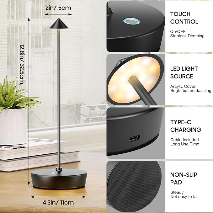 Cordless Table Lamp Rechargeable, Waterproof Portable Touch Dimmable Desk Lamp, 6000mAh Battery Operated LED Table Light for Restaurant/Indoor/Patio - LeafyLoom