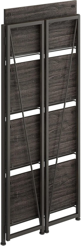 4NM No-Assembly Folding Bookshelf Storage Shelves 4 Tiers Vintage Bookcase Standing Racks Study Organizer Home Office (Gray and Black) - LeafyLoom