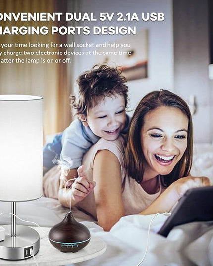 Set of 2 Touch Control Table Lamps with 2 USB Charging Ports&AC Outlet, 3-Way Dimmable Bedside Nightstand Lamps with White Fabric Lampshade for Reading, Bedroom, Living Room, A19 LED Bulbs Included - LeafyLoom