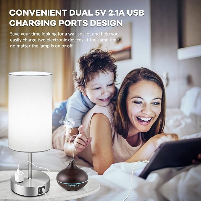 Set of 2 Touch Control Table Lamps with 2 USB Charging Ports&AC Outlet, 3-Way Dimmable Bedside Nightstand Lamps with White Fabric Lampshade for Reading, Bedroom, Living Room, A19 LED Bulbs Included - LeafyLoom