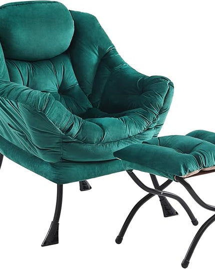Lazy Chair and Ottoman, Large Accent Lounge Chair with Armrests and a Side Pocket, Modern Leisure Upholstered Sofa Reading Armchair with Footrest for Bedroom, Living Room, Dorm Rooms, Office - LeafyLoom