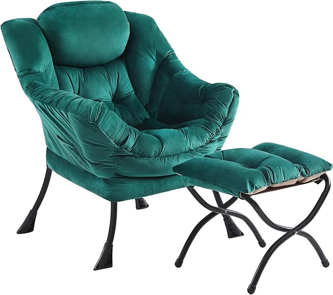Lazy Chair and Ottoman, Large Accent Lounge Chair with Armrests and a Side Pocket, Modern Leisure Upholstered Sofa Reading Armchair with Footrest for Bedroom, Living Room, Dorm Rooms, Office - LeafyLoom