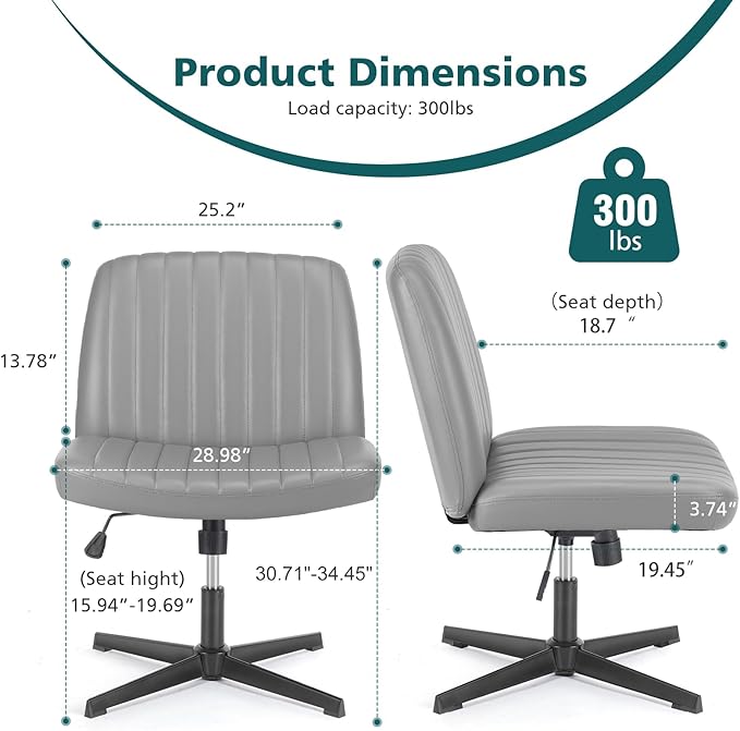 OLIXIS Cross Legged Armless Wide Adjustable Swivel Padded Home Office Desk Chair, Silver - LeafyLoom