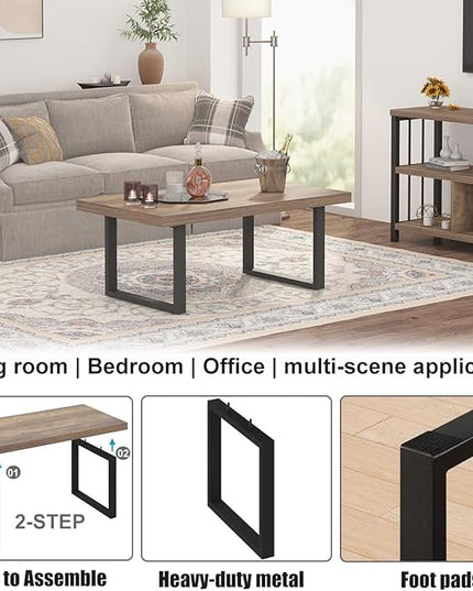 IBF Farmhouse Coffee Table, Modern Simple Wood Coffee Table for Living Room, Industrial Minimalist Rectangle Center Table, Wood and Metal Tea Coffee Table for Home Office Bedroom, Rustic Oak, 39 inch - LeafyLoom