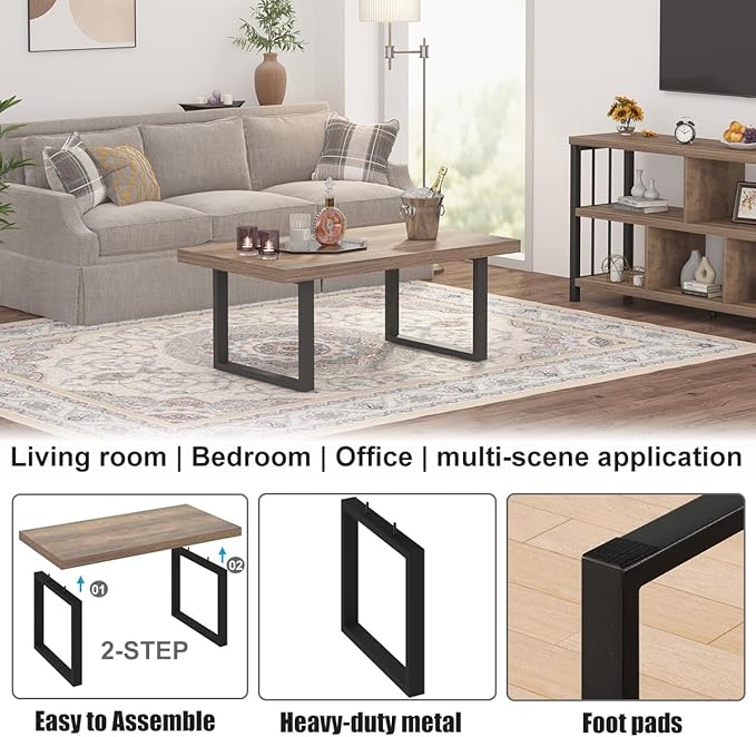 IBF Farmhouse Coffee Table, Modern Simple Wood Coffee Table for Living Room, Industrial Minimalist Rectangle Center Table, Wood and Metal Tea Coffee Table for Home Office Bedroom, Rustic Oak, 39 inch - LeafyLoom
