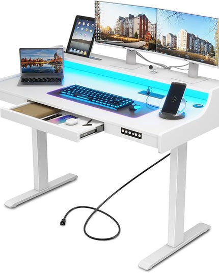 Vabches Standing Desk with Drawer, Stand Up Electric Standing Desk, Height Adjustable Stand Home Office Desk with LED Lights & Charging Station, Quick Install Ergonomic Rising Desk, White - LeafyLoom