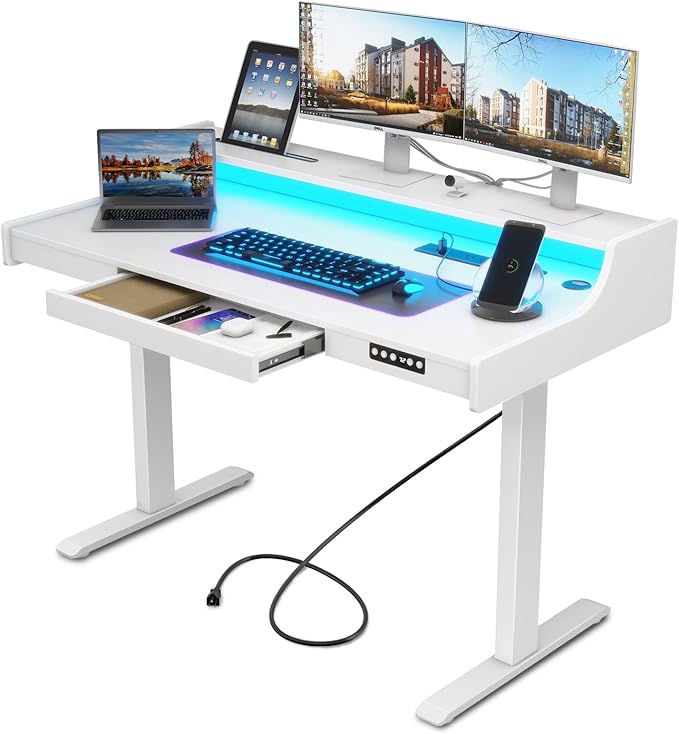 Vabches Standing Desk with Drawer, Stand Up Electric Standing Desk, Height Adjustable Stand Home Office Desk with LED Lights & Charging Station, Quick Install Ergonomic Rising Desk, White - LeafyLoom