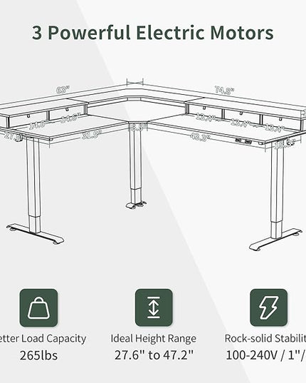 FEZIBO 75 Inches Triple Motor L Shaped Standing Desk Reversible, Electric Height Adjustable Corner Stand up Desk, Sit Stand Desk Computer Workstation, White Frame/Light Walnut Top - LeafyLoom