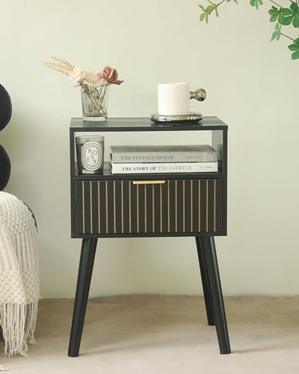 MaxSmeo Black Nightstand with Drawer, Bedside Table Set of 2, Mid Century Modern Nightstand with Open Shelf Storage, End Table with Solid Wood Legs, Black - LeafyLoom