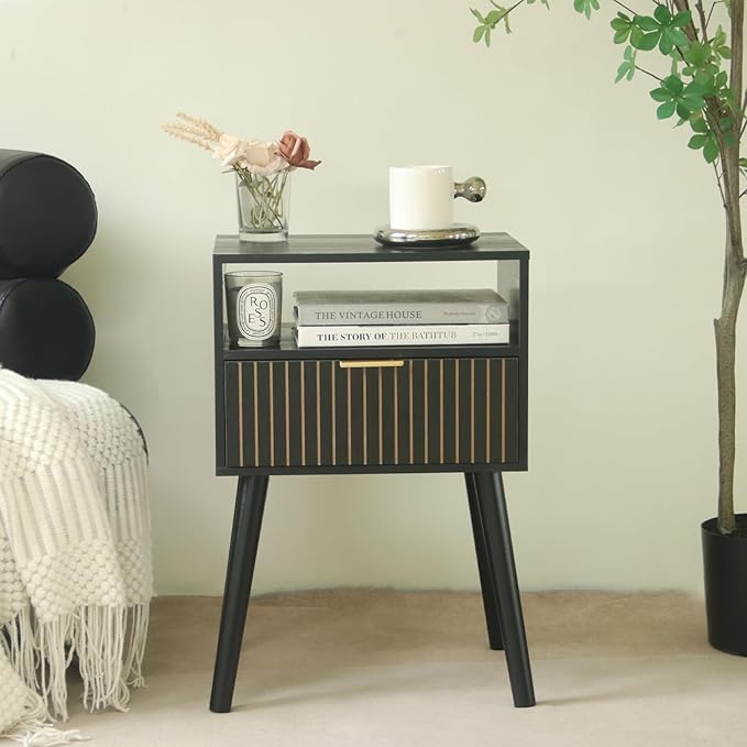 MaxSmeo Black Nightstand with Drawer, Bedside Table Set of 2, Mid Century Modern Nightstand with Open Shelf Storage, End Table with Solid Wood Legs, Black - LeafyLoom