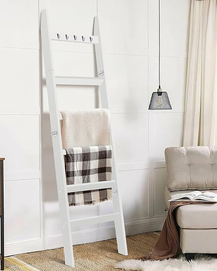 TEAKMAMA Blanket Ladder for Living Room and Bedroom, 5.4 Ft Wall Leaning Blanket Rack, Rustic Decorative Farmhouse Blanket Storage, Quilt Rack, Ladder Holder, Easy to Assemble (White) - LeafyLoom