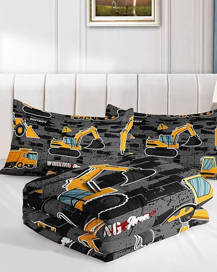 Datura home Kids Engineering Car Bedding Comforter Set Tractor Truck Printed Pattern Bedding Set with 1 Comforter and 2 Pillowcases for Boys Bedroom All Season(Truck2 Twin), Twin 68x86inches - LeafyLoom