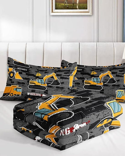 Datura home Kids Engineering Car Bedding Comforter Set Tractor Truck Printed Pattern Bedding Set with 1 Comforter and 2 Pillowcases for Boys Bedroom All Season(Truck2 Full) Full 80x90inches - LeafyLoom
