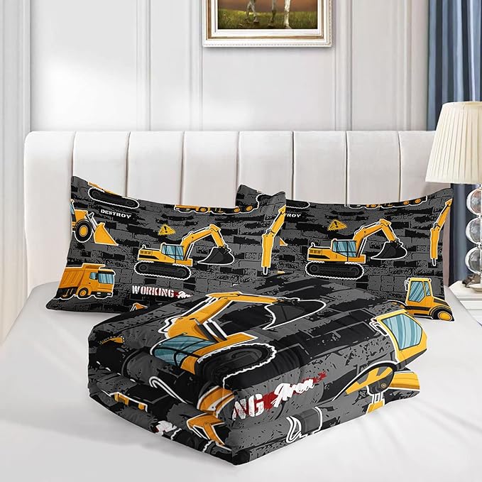 Datura home Kids Engineering Car Bedding Comforter Set Tractor Truck Printed Pattern Bedding Set with 1 Comforter and 2 Pillowcases for Boys Bedroom All Season(Truck2 Full) Full 80x90inches - LeafyLoom