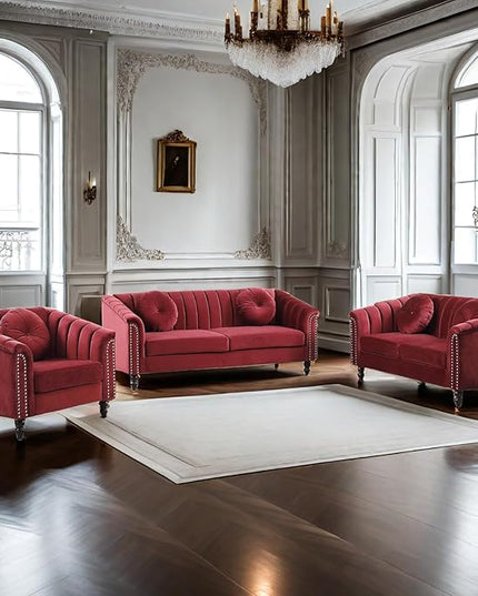 Velvet Living Room Sofa Set 3 Piece Modern Decor Sofa and Loveseat Set with Scroll Arms and Nailhead, Includes 2 Loveseat Couch and Armchair Red - LeafyLoom