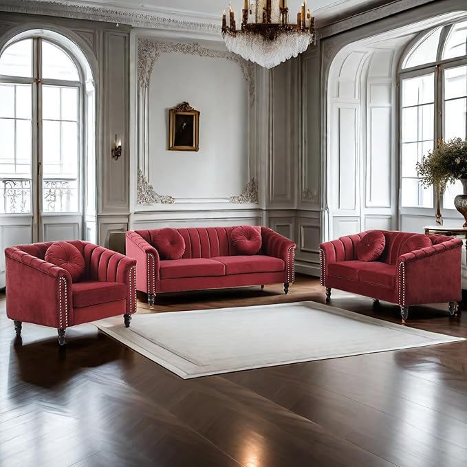 Velvet Living Room Sofa Set 3 Piece Modern Decor Sofa and Loveseat Set with Scroll Arms and Nailhead, Includes 2 Loveseat Couch and Armchair Red - LeafyLoom