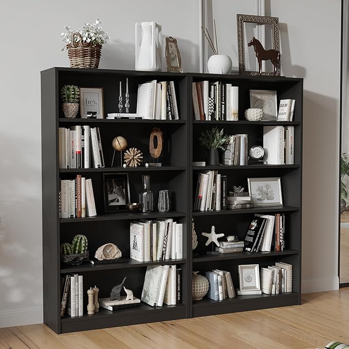 Farini 5 shelf boockase Display Bookcase Freestanding Wooden Bookshelves for Home Office Living Room,60 Inch Height,Black - LeafyLoom
