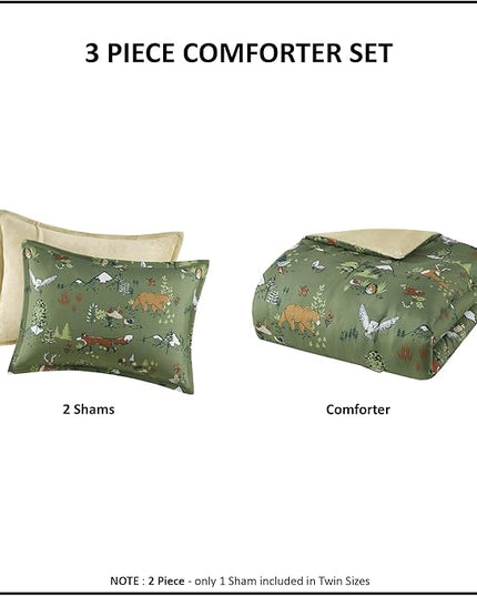 Mi Zone Kids Queen Comforter Set, Reversible Plush Kids Comforter Set, Cozy Plush Reverse Bedding, Winter Fluffy Comforter Bed Set, 2 Shams, Enchanting Forest Animals, Full/Queen, Sage Green 3 Piece - LeafyLoom