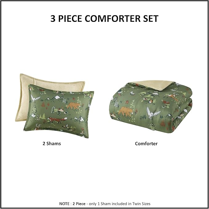 Mi Zone Kids Queen Comforter Set, Reversible Plush Kids Comforter Set, Cozy Plush Reverse Bedding, Winter Fluffy Comforter Bed Set, 2 Shams, Enchanting Forest Animals, Full/Queen, Sage Green 3 Piece - LeafyLoom