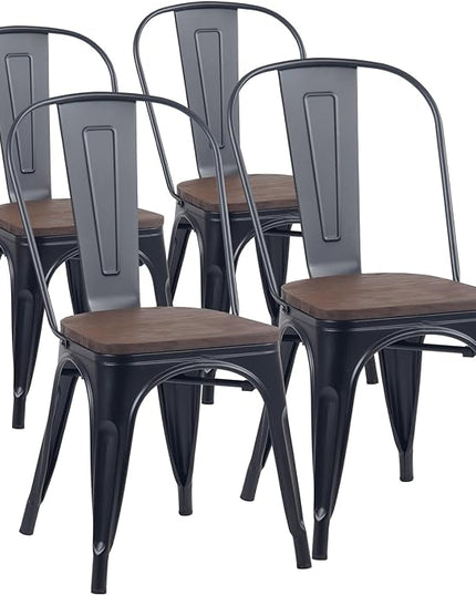 YOUNIKE Metal Dining Chairs Set of 4 Iron Stackable Removable Back Wood Seat Patio Chairs Rubber Feet Stylish Modern Indoor Outdoor Classic Chic Industrial Vintage Bistro Kitchen Matte Black - LeafyLoom