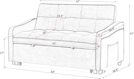 Functional Love Seat Sofabed W/TypeC & USB Port and Copper Nail Decor, Modern Loveseat Sofa Convertible Pull Out Sleeper Couch Bed for Apartment Office Living Room, 53.", Blue-1413 - LeafyLoom