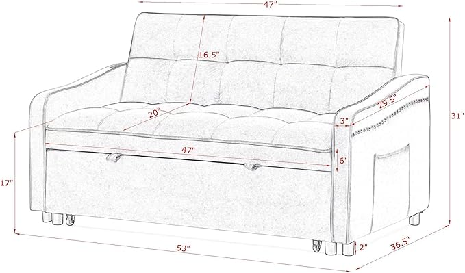 Functional Love Seat Sofabed W/TypeC & USB Port and Copper Nail Decor, Modern Loveseat Sofa Convertible Pull Out Sleeper Couch Bed for Apartment Office Living Room, 53.", Blue-1413 - LeafyLoom