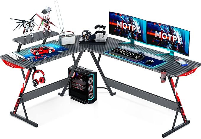 MOTPK L Shaped Gaming Desk 66 Inch, Gaming Computer Desk L Shape with Carbon Fiber Surface, Gamer Desk Gaming Table with Monitor Shelf, Cup Holder & Headphone Hook, Black - LeafyLoom