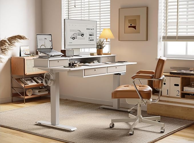 BANTI Height Adjustable Electric Standing Desk with 4 Drawers, 48 x 24 Inch Table with Storage Shelf, Sit Stand Desk, White Top - LeafyLoom