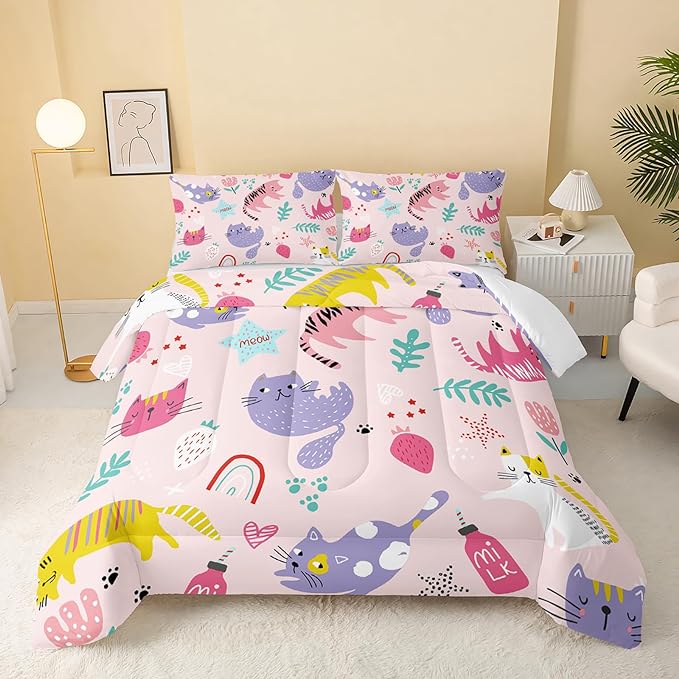 Kawaii Cats Comforter Twin Size,Pink Cats Kids Comforter Set,3Pcs Bedding Set Printed Comforter with 2 Pillowcases,Down Alternative,Soft and Lightweight,for All Seasons - LeafyLoom