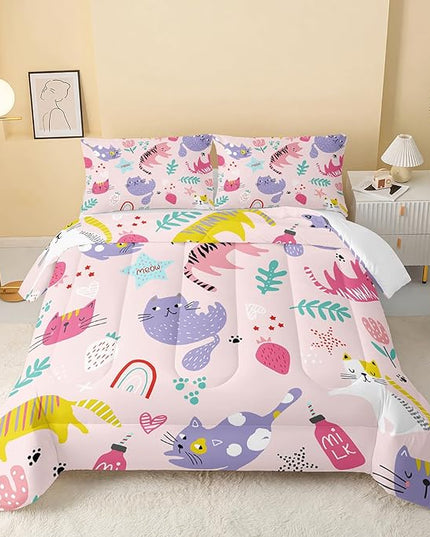 Kawaii Cats Comforter King Size,Pink Cats Kids Comforter Set,3Pcs Bedding Set Printed Comforter with 2 Pillowcases,Down Alternative,Soft and Lightweight,for All Seasons - LeafyLoom
