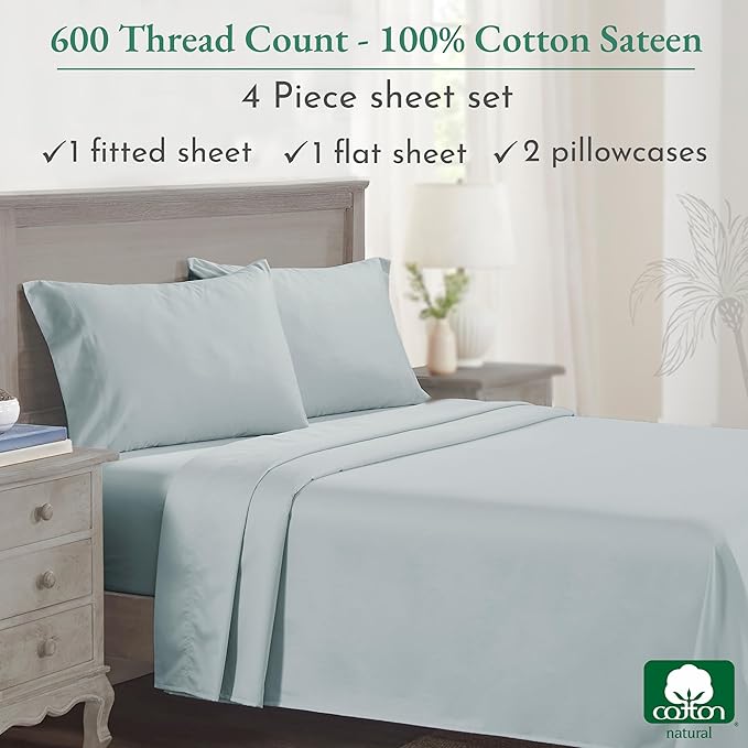 California Design Den Luxury King Size Sheet Set - 100% Cotton, 600 Thread Count Deep Pocket King Sheets, Hotel-Quality Bedding with Sateen Weave - Seafoam - LeafyLoom
