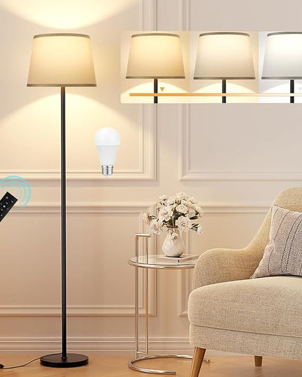 【Upgraded】 Floor Lamps for Living Room, Modern Floor Lamp with Remote Control, Dimmable Colors Temperature Standing Lamp Foot Switch, 9W Bulb Tall Lamps for Bedroom Office Kid Room - Grey - LeafyLoom