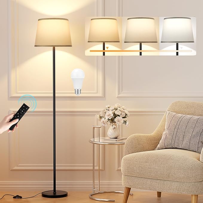 【Upgraded】 Floor Lamps for Living Room, Modern Floor Lamp with Remote Control, Dimmable Colors Temperature Standing Lamp Foot Switch, 9W Bulb Tall Lamps for Bedroom Office Kid Room - Grey - LeafyLoom
