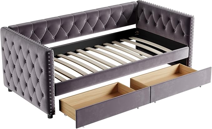 Twin Size Velvet Upholstered Daybed with Two Storage Drawers, Solid Wood Bed w/Button Tufted Backrest, for Living Room, Bedroom, Dorm, No Box Spring Needed - LeafyLoom