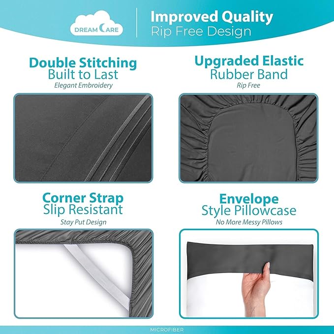 DREAMCARE Twin Sheets - Cooling Bed Sheets - 4pcs Set - up to 15" Deep Pocket Twin Bed Sheets - Twin Sheet Set - Bed Sheets Twin Soft Lasting 100% Fine Brushed Polyester with Side Pocket - D.Gray - LeafyLoom