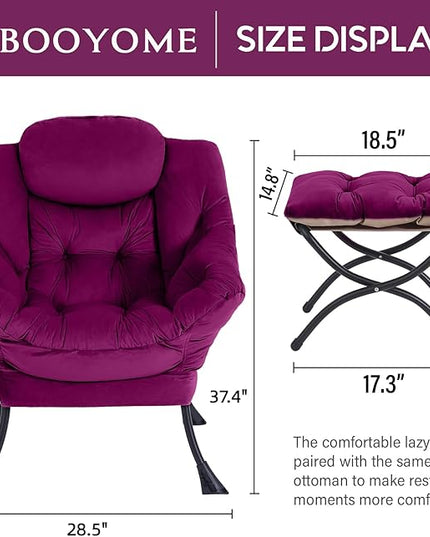 Lazy Chair with Ottoman, Modern Accent Chair Contemporary Lounge Leisure Upholstered Sofa Chair Set with Armrests, Reading Chair for Living Room, Bedroom, Office, Dark Purple - LeafyLoom
