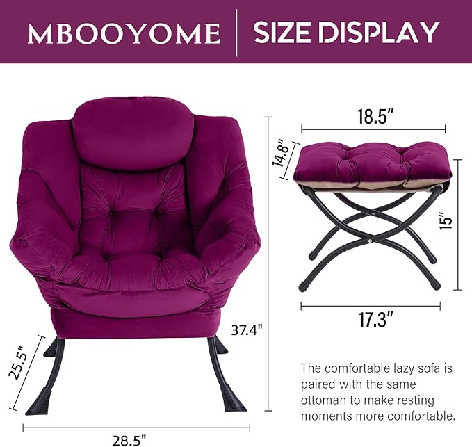 Lazy Chair with Ottoman, Modern Accent Chair Contemporary Lounge Leisure Upholstered Sofa Chair Set with Armrests, Reading Chair for Living Room, Bedroom, Office, Dark Purple - LeafyLoom