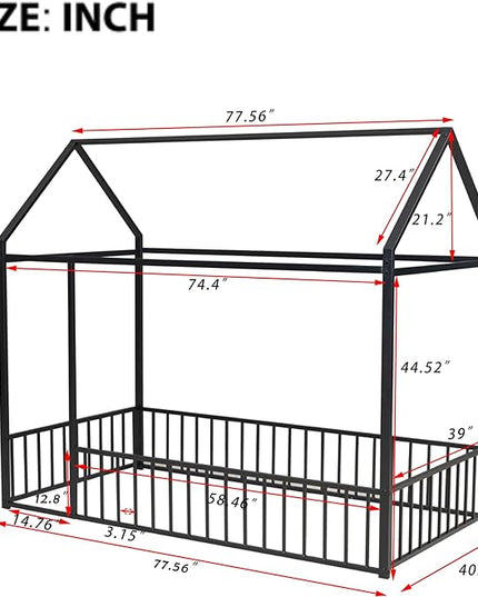 RITSU Twin Size Montessori Floor Bed, Metal House Bedframe with Fence, Robust Construction is Used, for Children'S Rooms, Boys Girls, No Box Spring Needed, Easy Assembly, Black - LeafyLoom