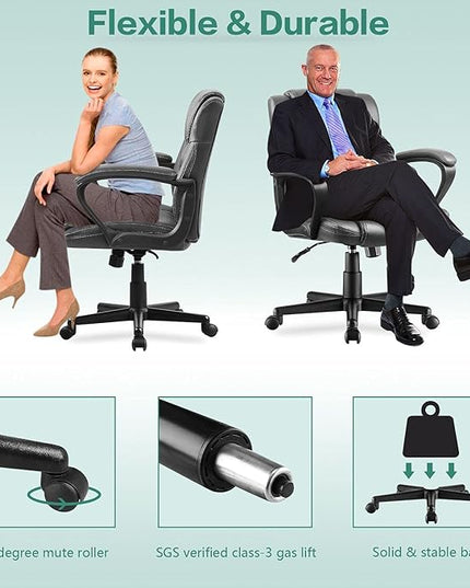 Executive Office Chair Mid Back Swivel Computer Task, Ergonomic Leather-Padded Desk Seats with Lumbar Support,Armrests, Gray - LeafyLoom