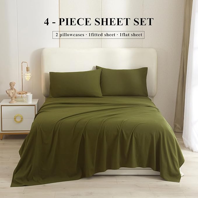 Olive Green Sheets King 4 Piece Bed Sheets,16 Inch Deep Pocket,Luxury Soft King Sheet & Pillowcase Set,Easy Fit Fitted Sheets King,Wrinkle & Shrink Resistant Cooling Sheets for King Size Bed - LeafyLoom
