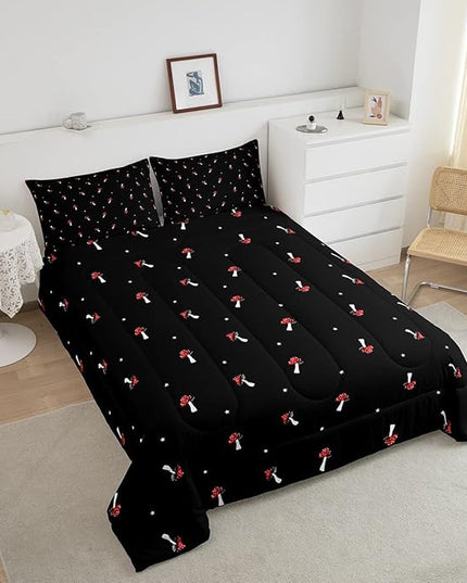 Cute Mushroom Comforter Set King Kid Cartoon Kawaii Reversible Bedding Set Red Mushroom Duvet Set Mushroom Shaped Comforter Lovely Natural Wild Plants Fungus Comforter Set for Room Decor, Black - LeafyLoom