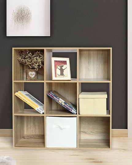 PACHIRA US 9 Cube Storage Bookcase, Unit Shelf, Wooden Closet Cabinet, Bookshelf File Organizer Rack in Living Room, Bedroom, Study, each cube 28.5 cm,Oak - LeafyLoom